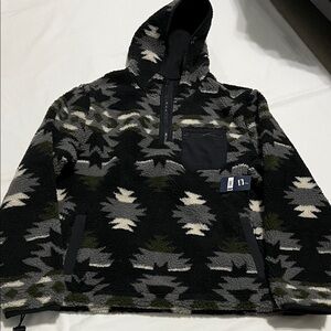 Lucky Brand Black and Gray Patterned Hoodie Sweater